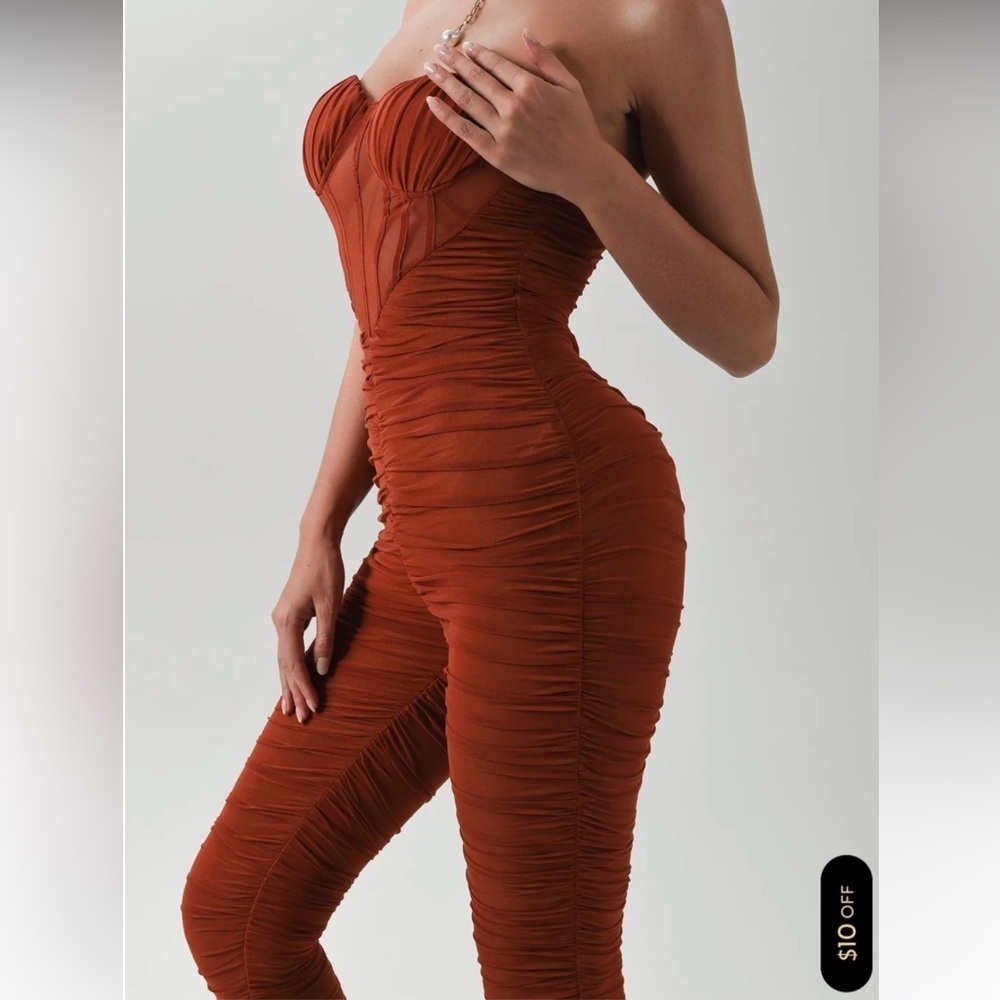Strapless Ruched Jumpsuit in Rust - Picture 11 of 14